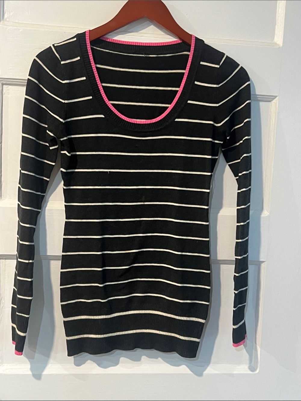 Black and White Striped Long Sleeve Tee with Pink Trim